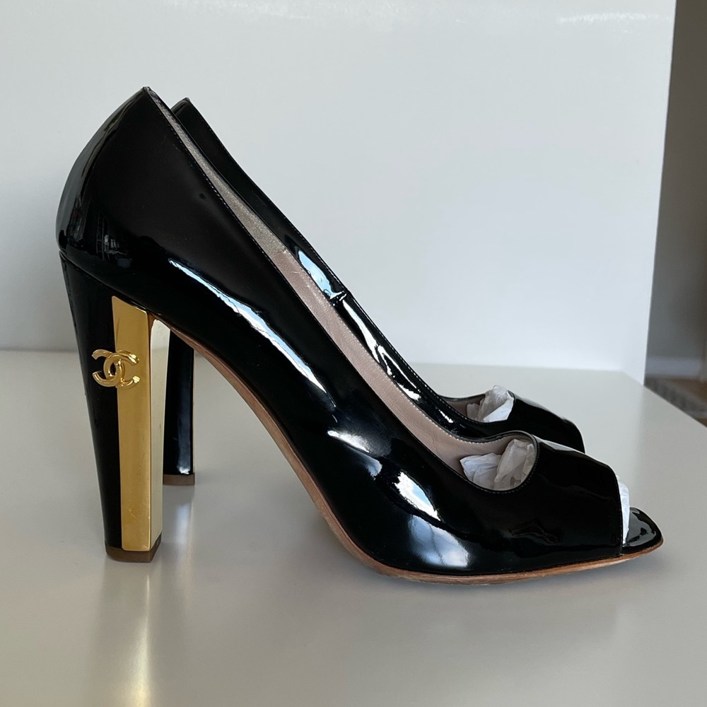 Chanel patent leather block heel